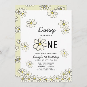 Falling Daisies White Floral 1st Birthday Invitation