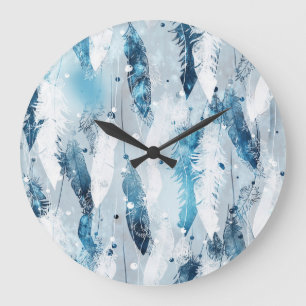 Falling Feathers: Blue Watercolor Seamless Large Clock