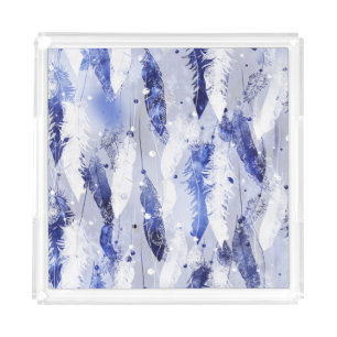 Falling feathers: watercolor blue pattern. acrylic tray