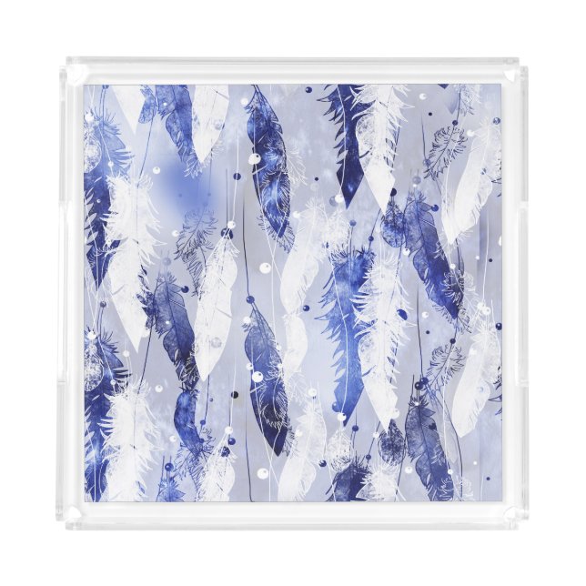 Falling feathers: watercolor blue pattern. acrylic tray (Front)