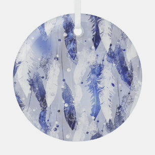 Falling feathers: watercolor blue pattern. glass ornament