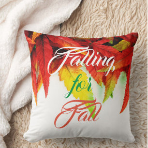 Falling for fall autumn maple leaf red white throw pillow