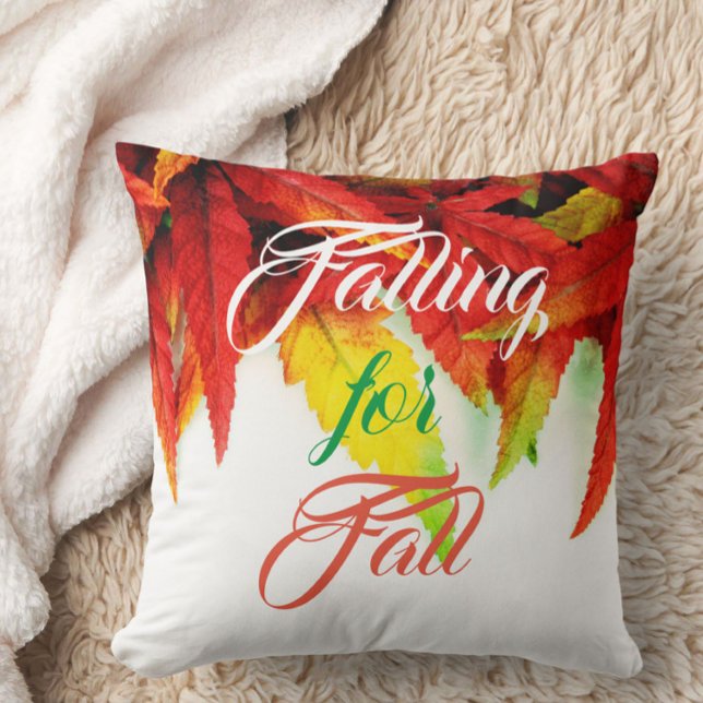 Falling for fall autumn maple leaf red white throw pillow (Creator Uploaded)