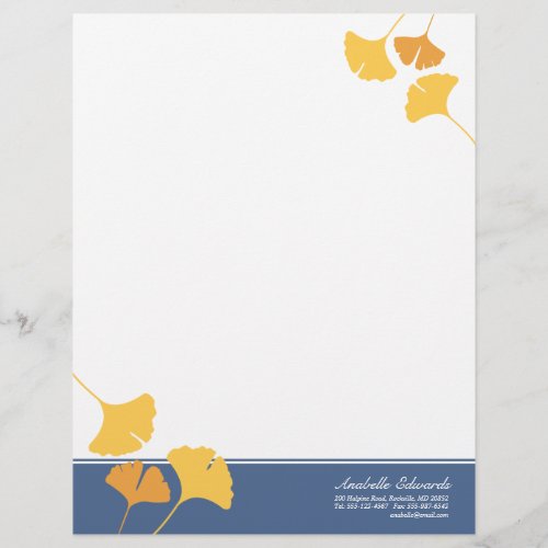 Falling ginkgo leaves golden yellow blue autumn letterhead
