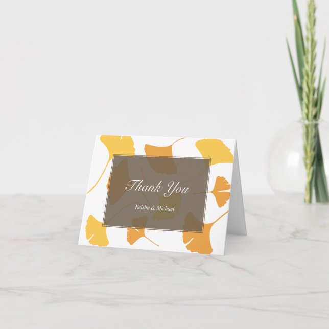 Falling ginkgo leaves gray couple thank you note card (Front)