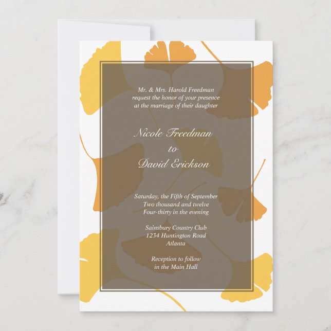 Falling ginkgo leaves gray golden autumn wedding invitation (Front)