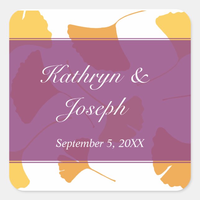 Falling ginkgo leaves purple wedding favor square sticker (Front)