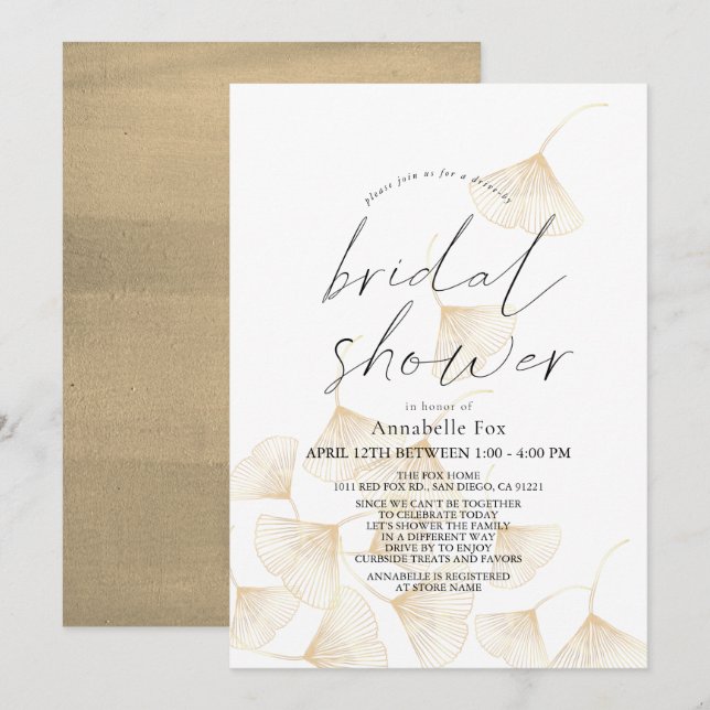 Falling Gold Ginkgo Leaves Drive-by Bridal Shower Invitation (Front/Back)