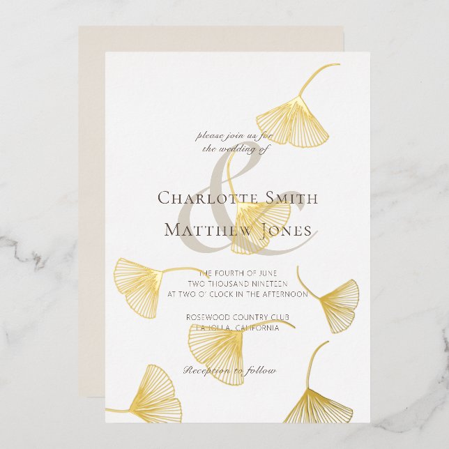Falling Gold Ginkgo Leaves Elegant Wedding Foil Invitation (Front/Back)