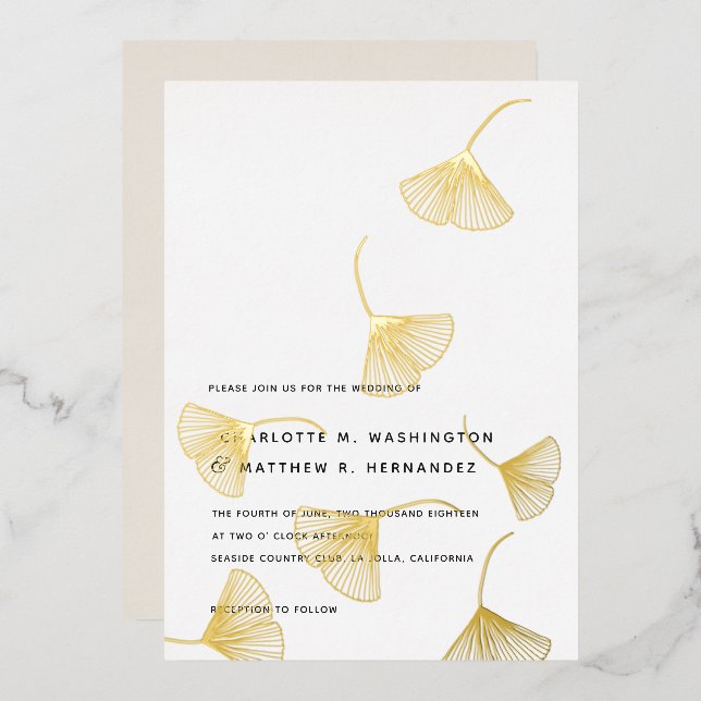 Falling Gold Ginkgo Leaves Fall Wedding Foil Invitation (Front/Back)