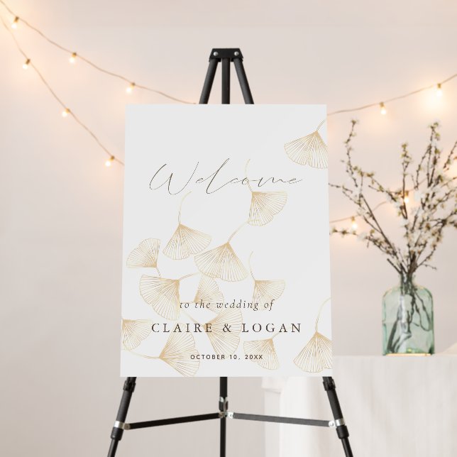 Falling Gold Ginkgo Leaves Wedding Welcome Foam Board (In Situ (Stand))