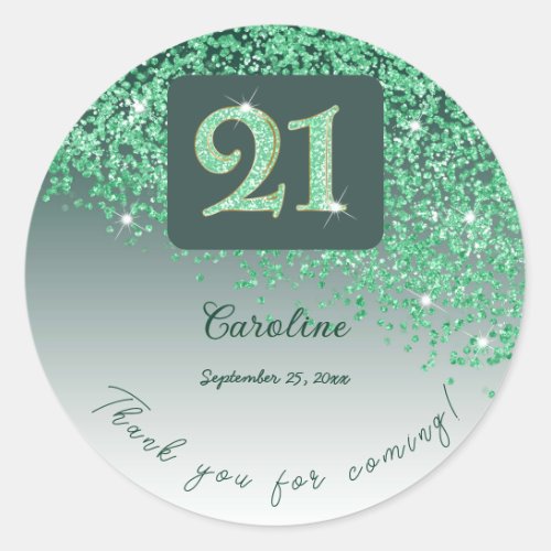 Falling Green Glitter 21st Birthday Thanks Classic Round Sticker