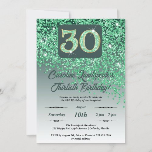 Falling Green Glitter 30th Birthday Party Invitation