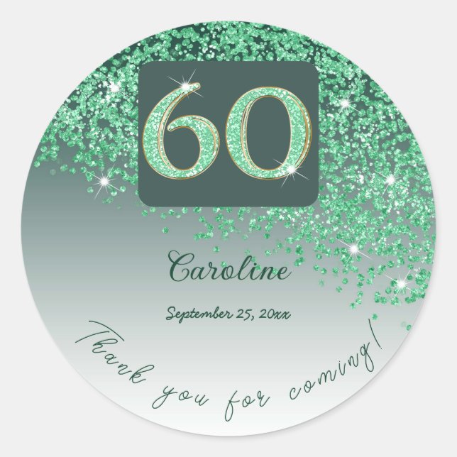 Falling Green Glitter, 60th Birthday Thanks Classic Round Sticker (Front)