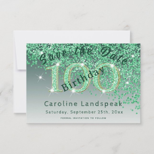 Falling Green Glitter for 100th Birthday Save The Date (Front)
