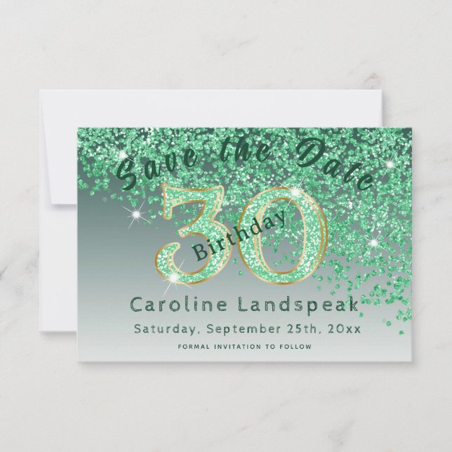 Falling Green Glitter for 30th Birthday Save The Date (Front)