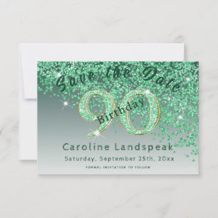 Falling Green Glitter for 90th Birthday Save The Date