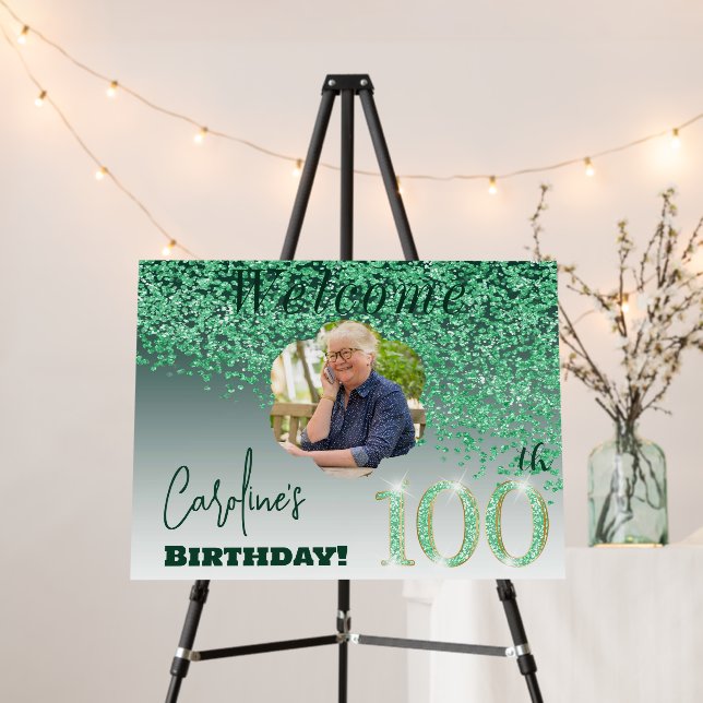 Falling Green Glitter Welcome 100th Birthday Foam Board (In Situ (Stand))