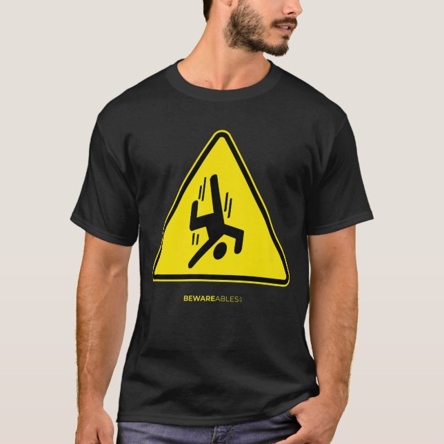 Falling guy funny sign warning yellow triangle T-Shirt (Front)