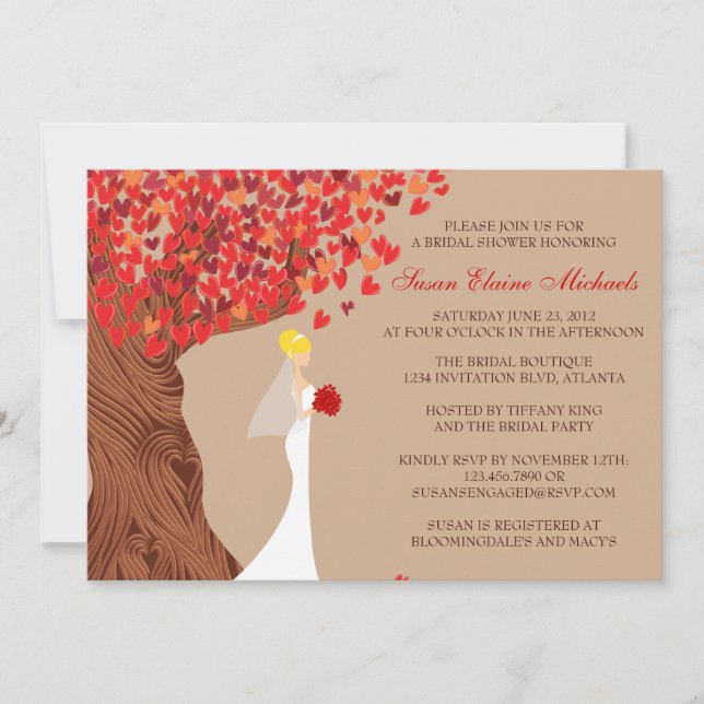 Falling Hearts Oak Tree Fall Bridal Shower Invitation (Front)