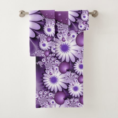 Falling in Love Abstract Flowers  Hearts Fractal Bath Towel Set
