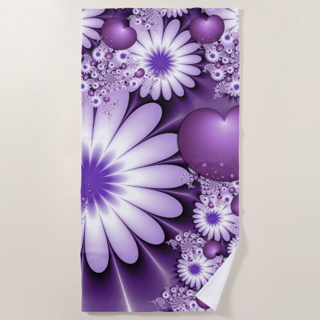 Falling in Love Abstract Flowers & Hearts Fractal Beach Towel (Front)