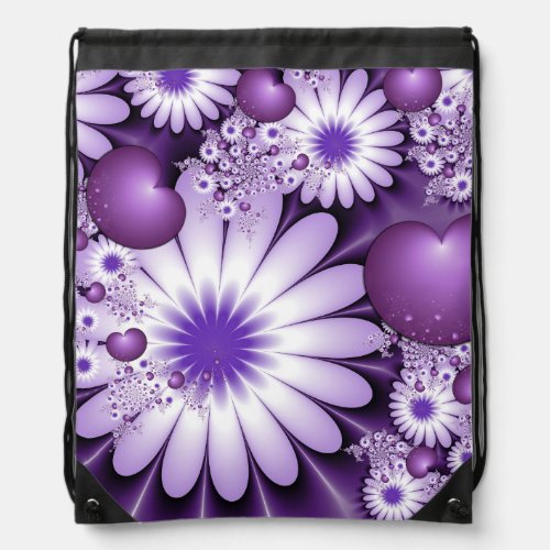Falling in Love Abstract Flowers  Hearts Fractal Drawstring Bag