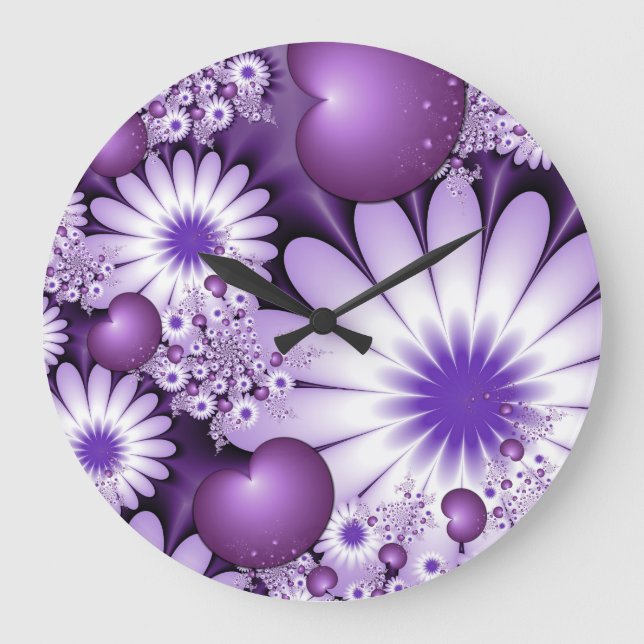 Falling in Love Abstract Flowers & Hearts Fractal Large Clock (Front)