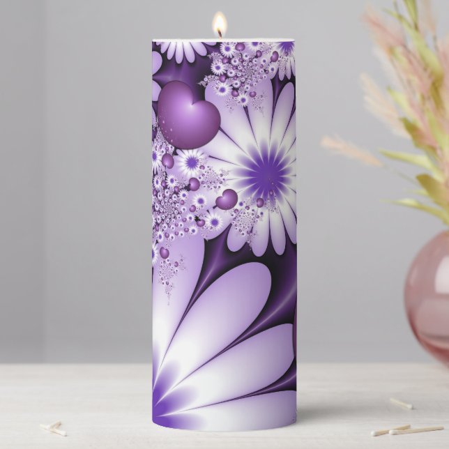 Falling in Love Abstract Flowers & Hearts Fractal Pillar Candle (In Situ)