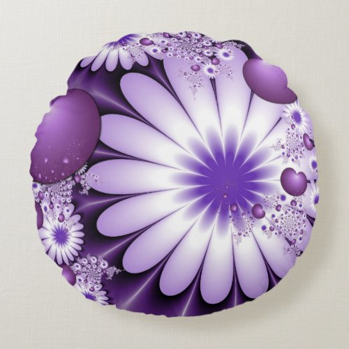 Falling in Love Abstract Flowers  Hearts Fractal Round Pillow