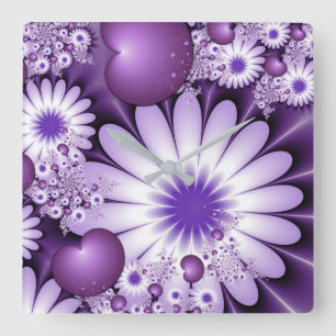 Falling in Love Abstract Flowers & Hearts Fractal Square Wall Clock