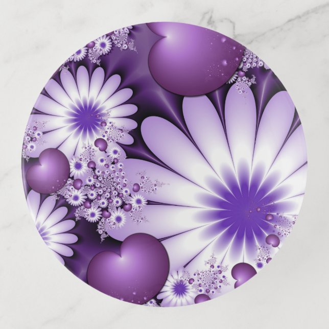 Falling in Love Abstract Flowers & Hearts Fractal Trinket Tray (Front)