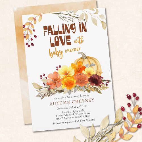 Falling in Love Autumn Flowers Pumpkin Baby Shower Invitation