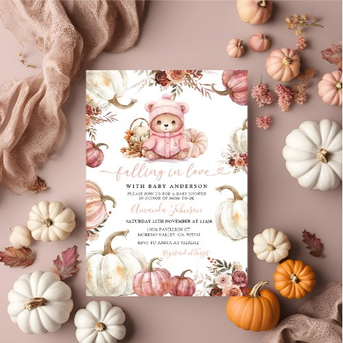 Falling in Love Autumn Pumpkin Bear Baby Shower Invitation