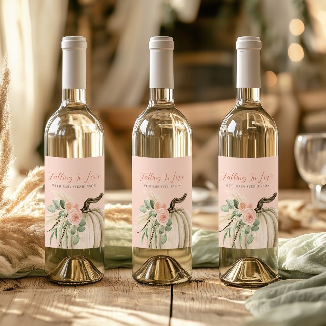 Falling In Love Baby Shower Pumpkin Floral Pink  Wine Label (Creator Uploaded)