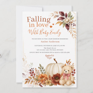Falling In Love Bear Pumpkin Floral Baby Shower Invitation