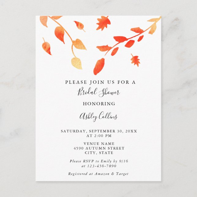Falling in Love Fall Autumn Bridal Shower Postcard (Front)