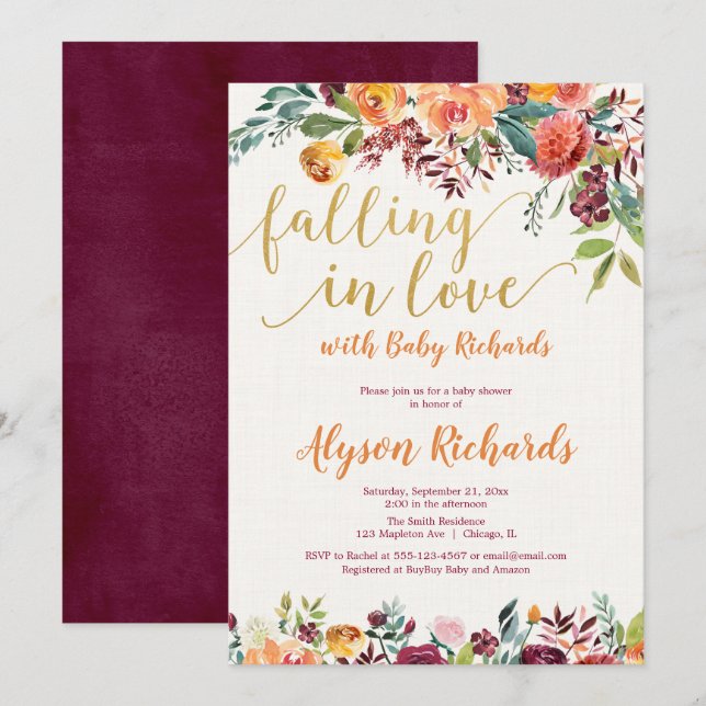 Falling in love fall floral rustic baby shower invitation (Front/Back)