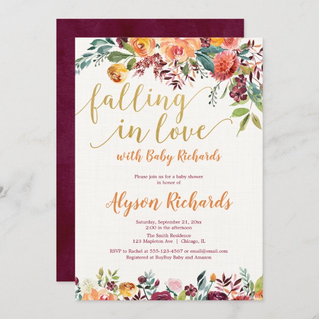Falling in love fall floral rustic baby shower invitation (Front/Back)