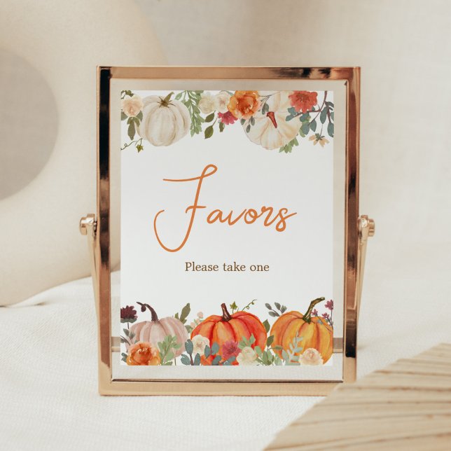 Falling In Love Floral Pumpkin Favors Baby Shower Poster (Fall Floral Pumpkin Baby Shower Favors Sign)