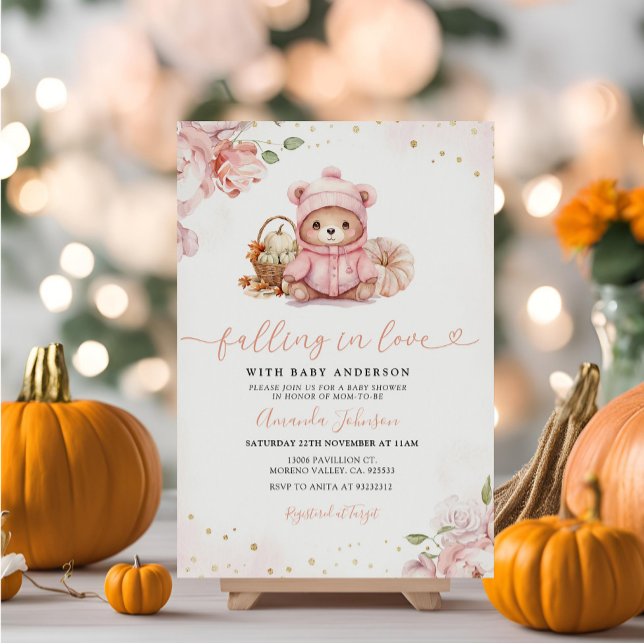 Falling in Love Pink Pumpkin Bear Baby Shower Invitation (Creator Uploaded)