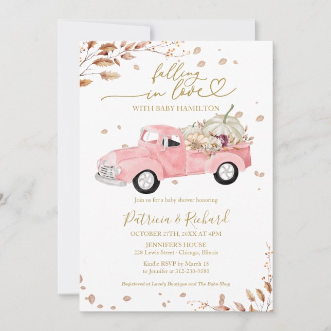 Falling in Love Pink Truck Girl Baby Shower Invitation (Front)