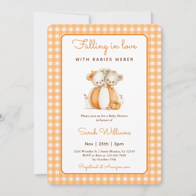 Falling in Love Pumpkin Twins Baby Shower Invitation (Front)