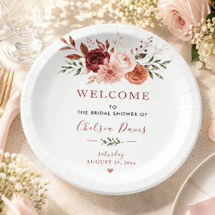 Falling In Love Rustic Floral Burgundy Custom Paper Plates