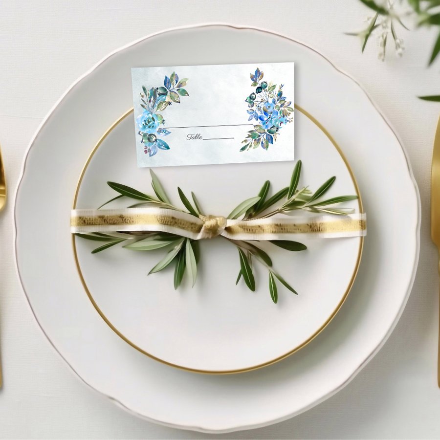 Falling In Love Watercolor Blue Floral Wedding Place Card