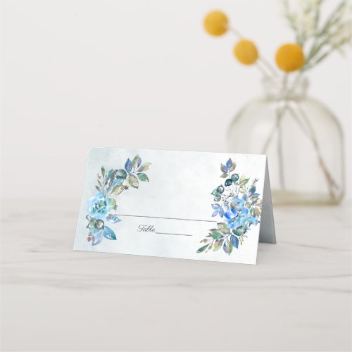 Falling In Love Watercolor Blue Floral Wedding Place Card