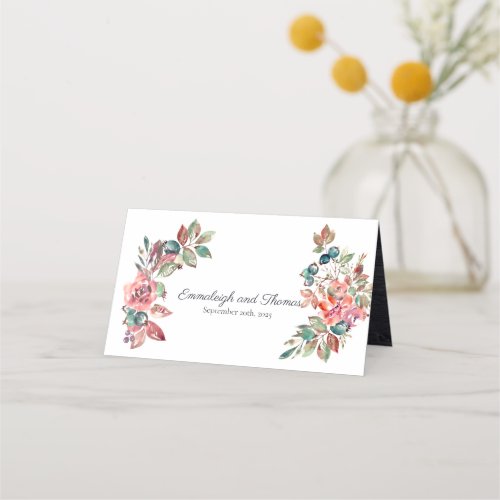 Falling In Love Watercolor Floral Wedding Place Card