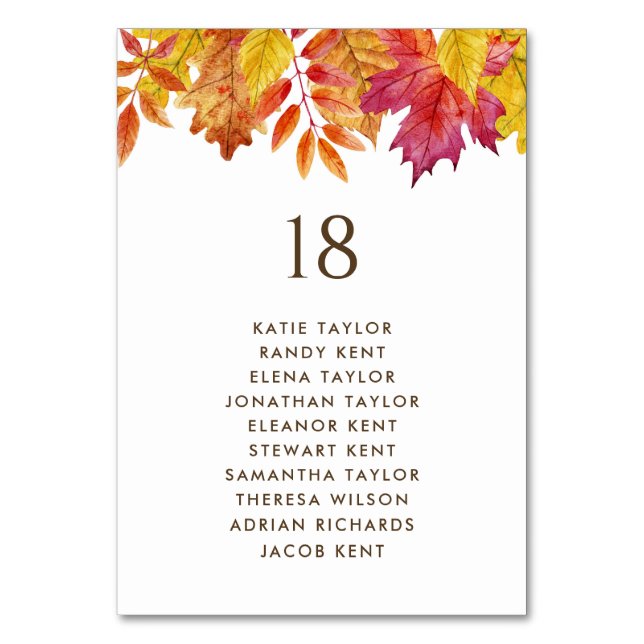 Falling Leaves Autumn Wedding Table Seating Plan Table Number (Front)