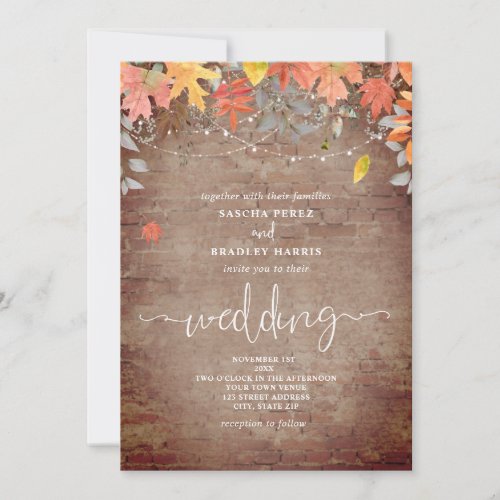 Falling Leaves Brick String Lights Autumn Wedding Invitation