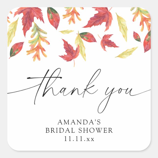 Falling leaves bridal shower square sticker (Front)